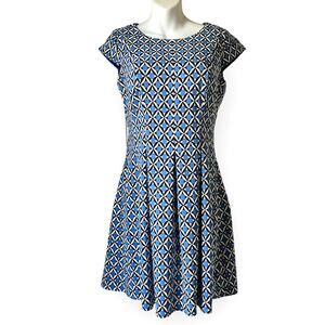 Fit & Flare Pleated Dress Women 10 Blue Black White Lined Business Teacher Class